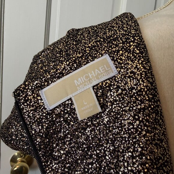 Michael Kors Metallic Black & Gold Flounce Hem Cap Sleeve Fit & Flare Dress, L - Picture 8 of 9